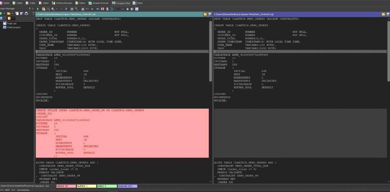 compare files windows - enable merge -top toad for oracle features