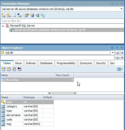 Figure 10. wlslog added in Object Explorer