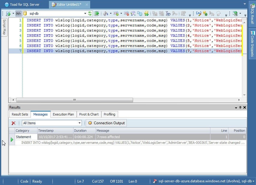 Figure 14. Data added and 7 rows affected