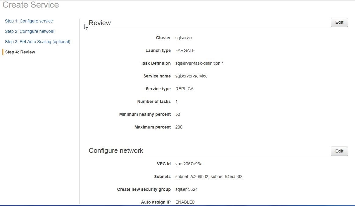 Figure 22. Reviewing the service settings