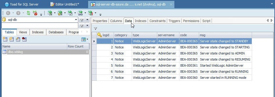 Figure 25. Clicking on the Data tab to display table data