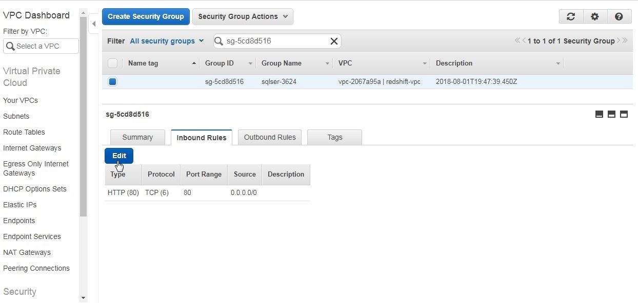 Figure 29. Clicking on Edit to modify inbound rules