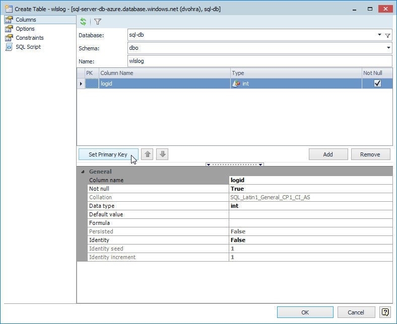 Figure 3. Setting logid as primary key