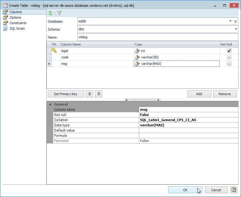 Figure 40. Creating the wlslog table in the sqldb database