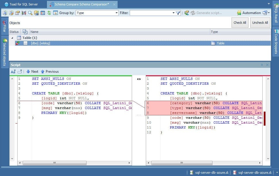 Figure 56. Schema Compare Objects and DDL Scripts