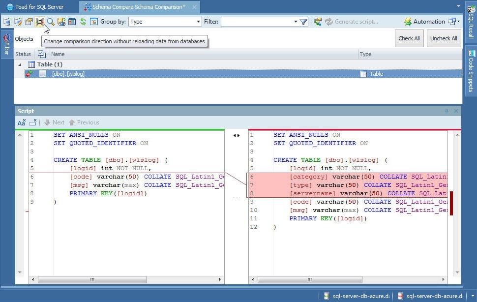 Figure 58. Change comparison direction without reloading data from databases