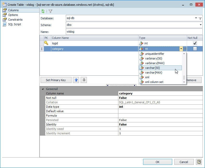 Figure 6. Selecting data type as varchar(50) for category column