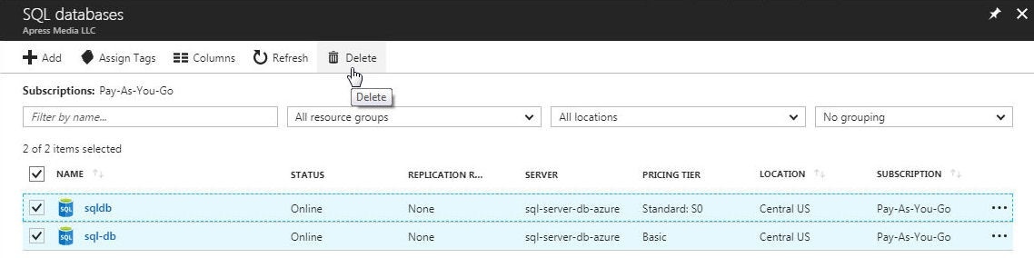 Figure 70. Deleting database instances in Azure SQL Database