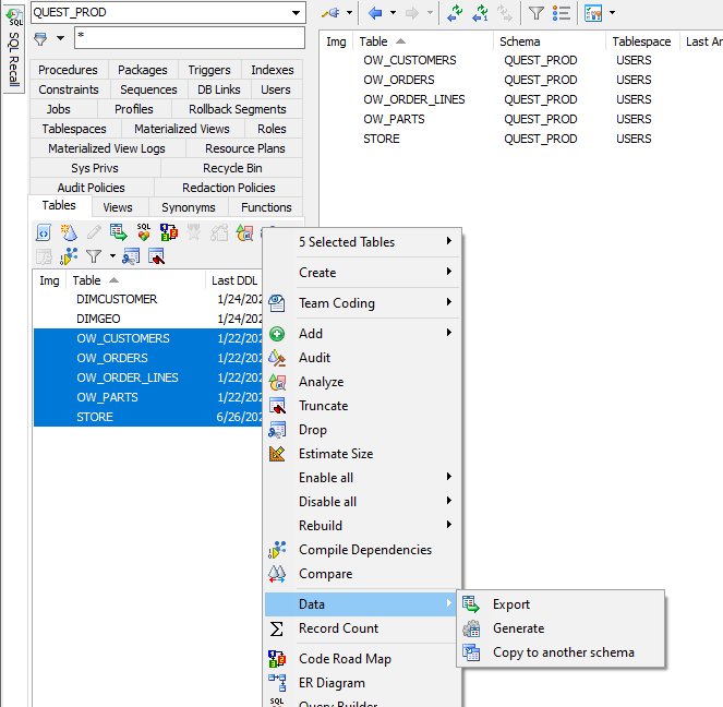 Select the desired tables by simply shift or control clicking and then select Export Dataset.