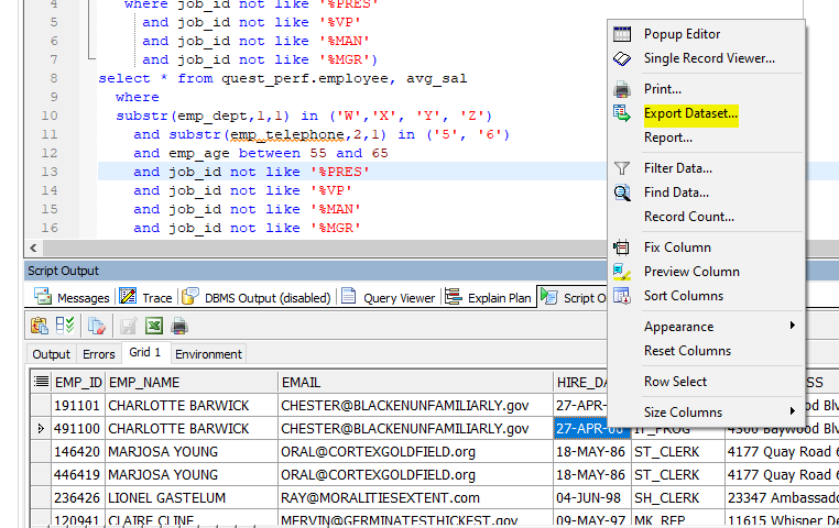 You can right-click within the data grid and select Export Dataset, again with all the capabilities as previously mentioned.