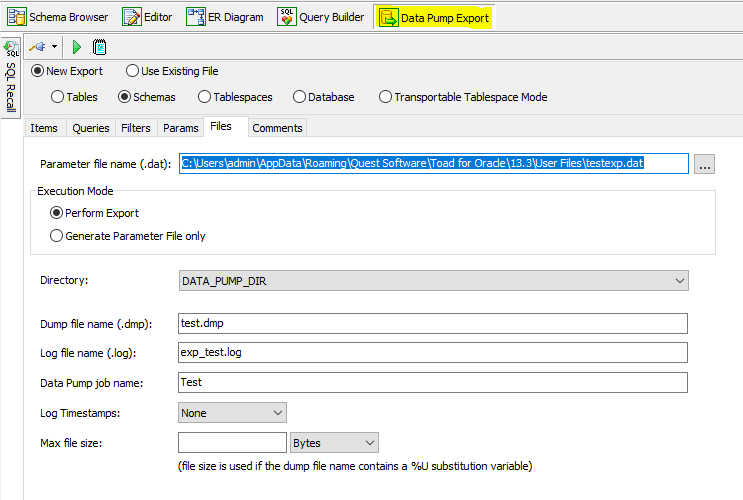 Choose your Schemas (under items), Use a query, filter in our out objects, choose your data pump export parameters and where the export will go (under files).