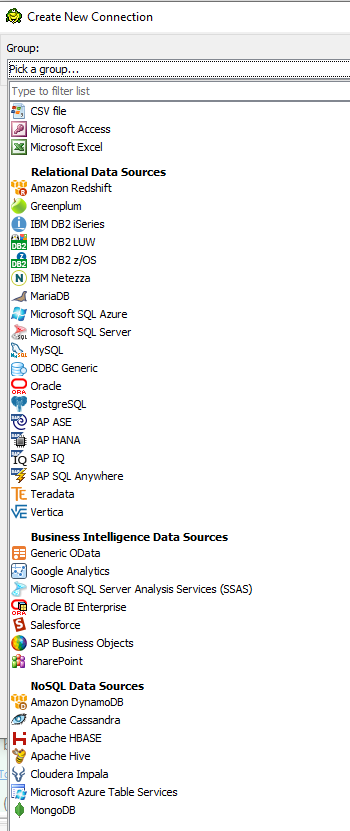 Toad Data Point data sources menu.