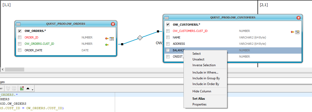 Within the Query Builder, you can select your desired columns, where clause (simple or complex), group by and sort columns.