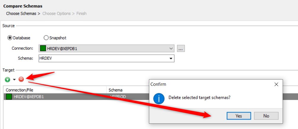 Select Yes to delete target schema.