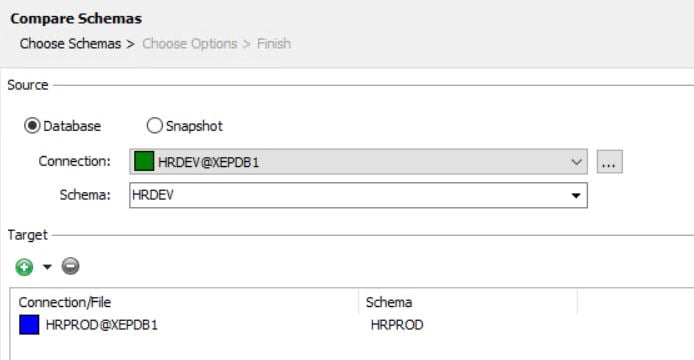 Select the source schema HRDEV (green color) from the Database option and select the target schema HRPROD (blue color) by clicking on the green plus button as shown in Figure 4.