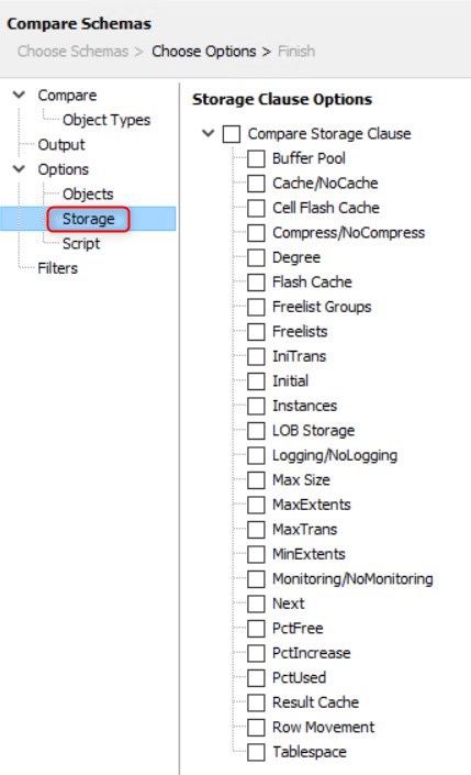 Under the Storage option, we can choose to ignore the storage clauses, as shown.