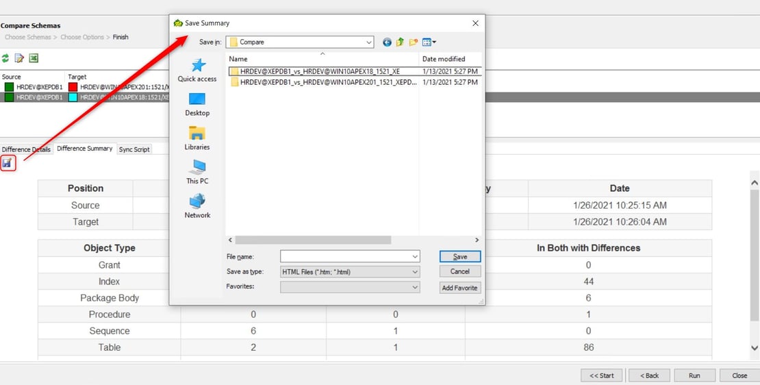 Figure 13: Compare Schemas – Save Difference Summary