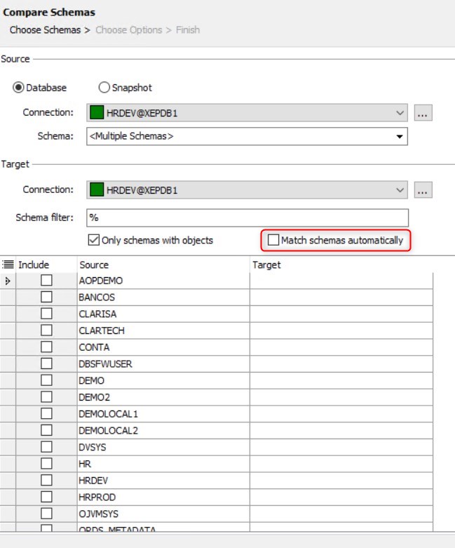 Figure 16: Compare Schemas – Uncheck the Match Schemas Automatically.