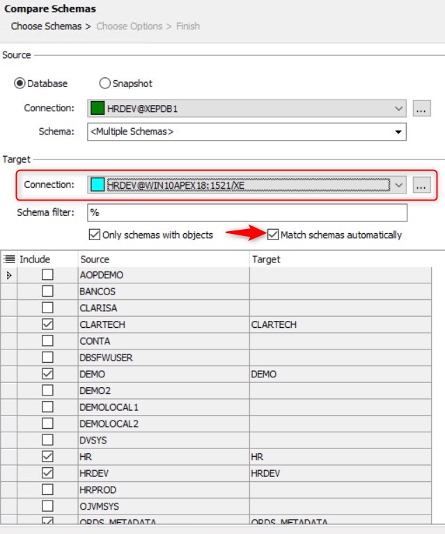 Figure 17: Compare Schemas – Check the Match Schemas Automatically.