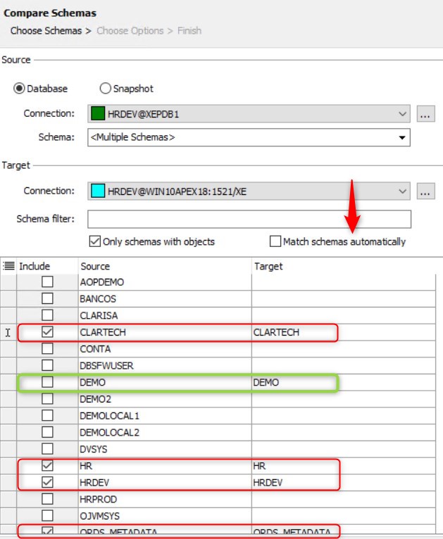 Figure 18: Compare Schemas – Manually select the schemes to compare.