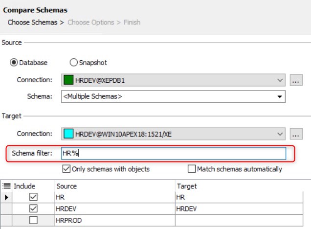 Figure 19: Compare Schemas – Schema filter