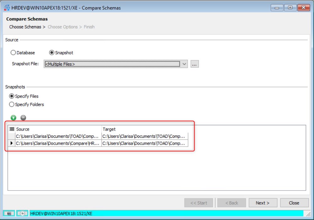 Figure 24: Compare Schemas - Specify Files View