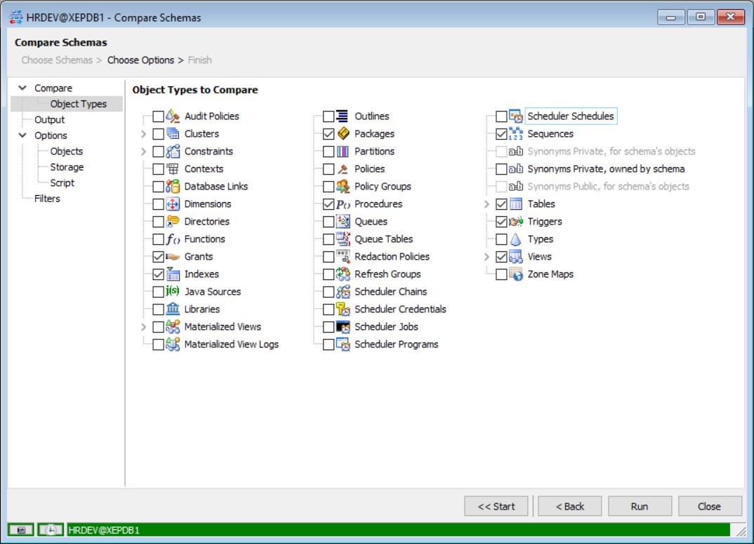 Figure 7: Choose Options - Select Object Types to Compare