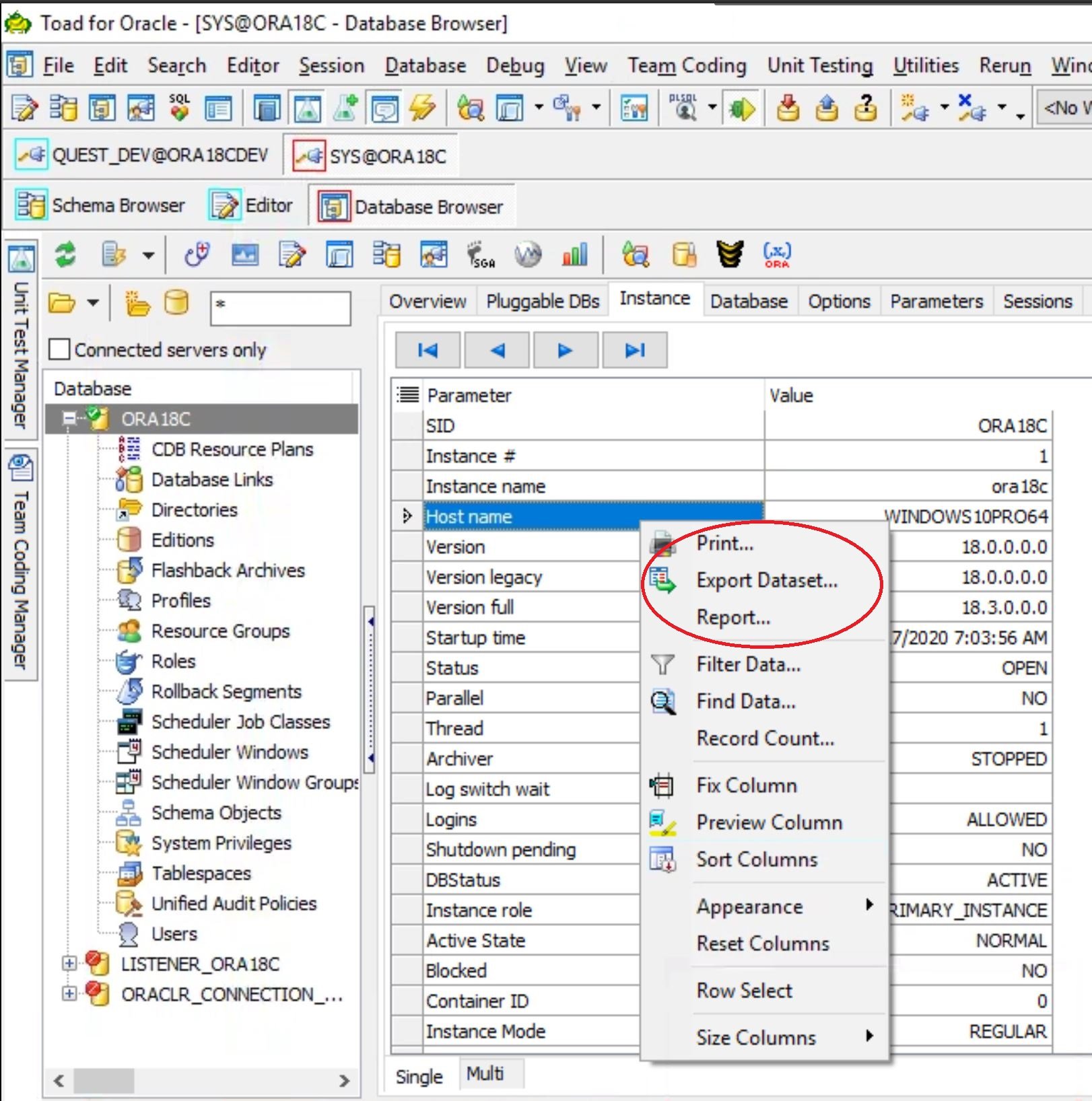 Choose the reporting option you want: Print or Export Dataset.