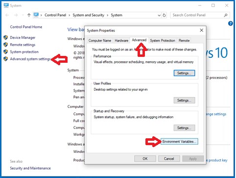 Next, select the Advanced tab, then Environment Variables.