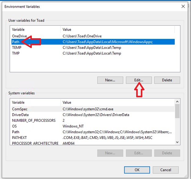 In the user variables, select “Path” then click on Edit.