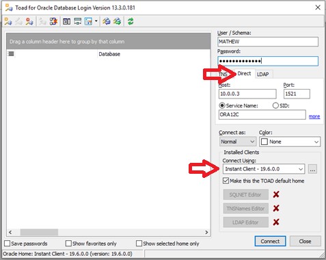 Enter your User / Schema, Password, then select the Direct tab and enter in Host, Port, and Service Name or SID.