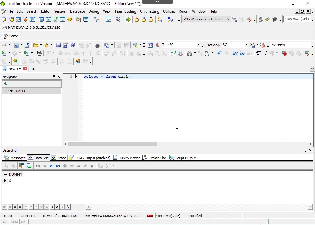 Run select * from dual as a test.