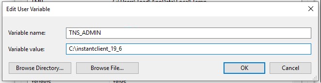 Enter the name TNS_ADMIN and point it to the directory where your TNSNAMES.ORA file is, select OK and OK again.