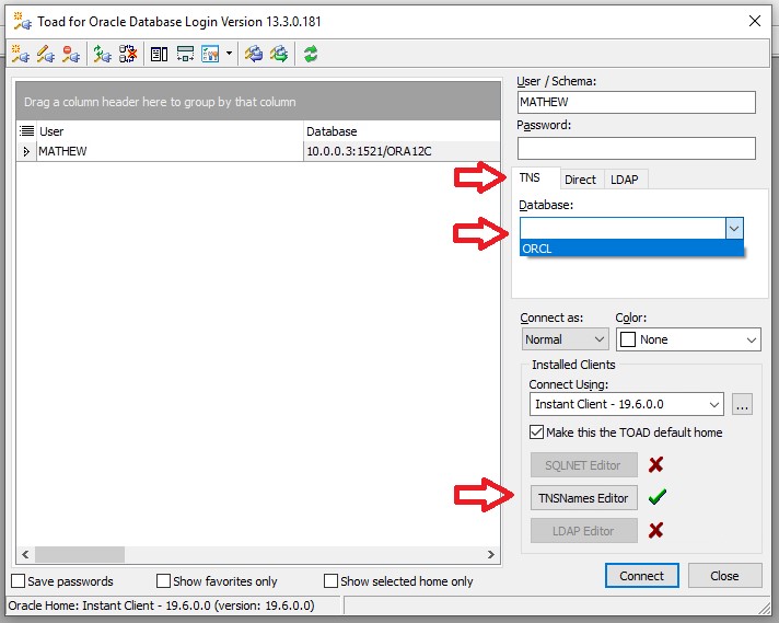 Now when you launch Toad for Oracle you can use the TNS tab and drop down to select your database from your TNSNAMES.ORA file. You can also select TNS Editor to modify your TNSNAMES.ORA file from Toad.