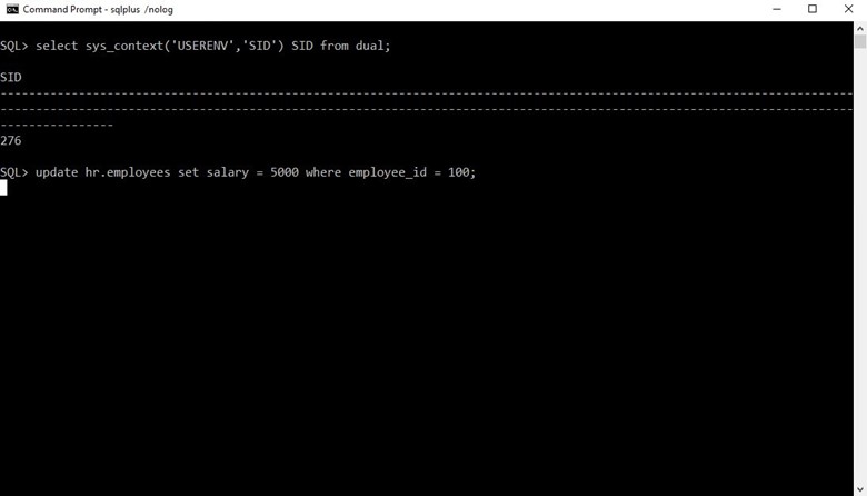 Figure 8: Update locked table in another session in SQLPlus