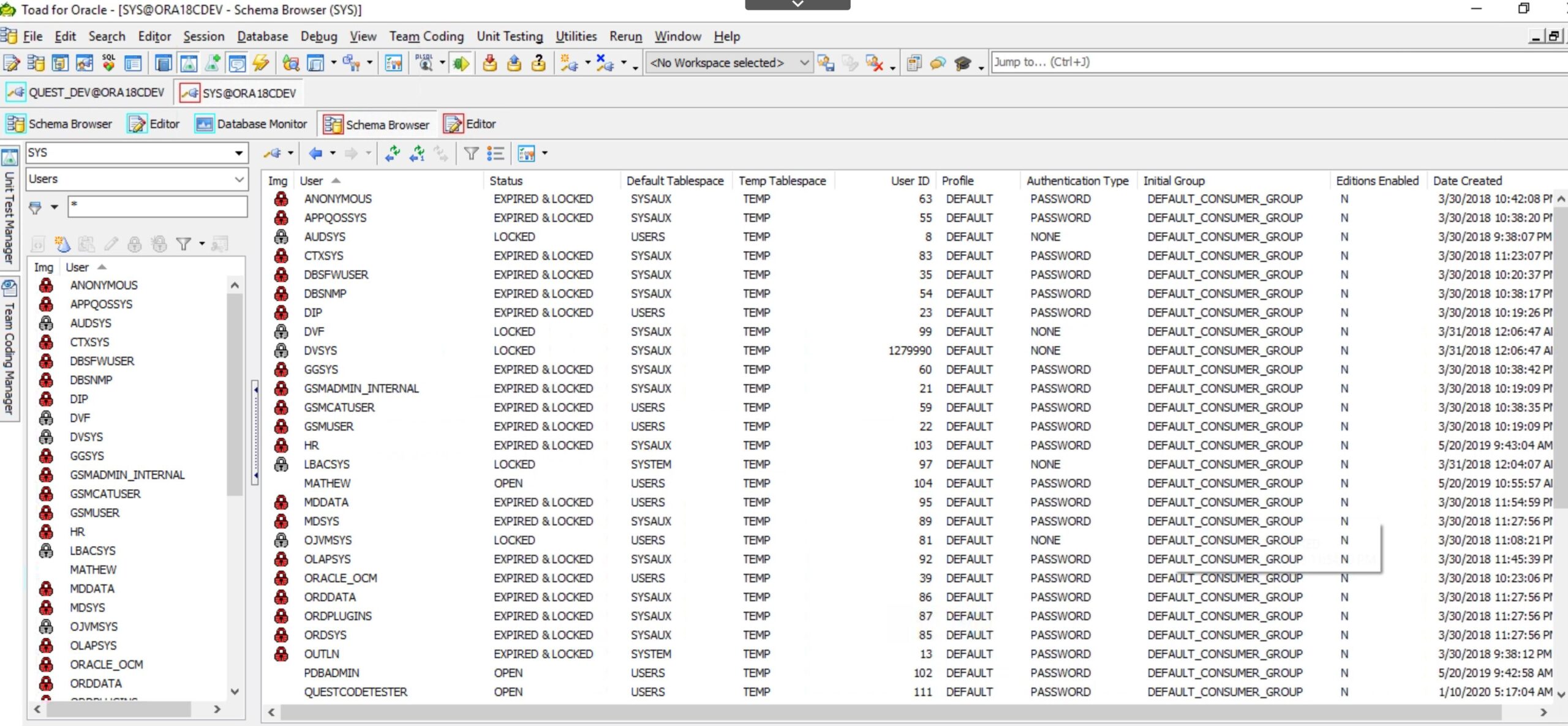 The schema browser showing all of the database users.